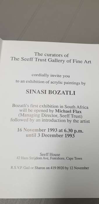 Sinasi Bozatli. First SA Exhibition invitation. 16 November 1993.