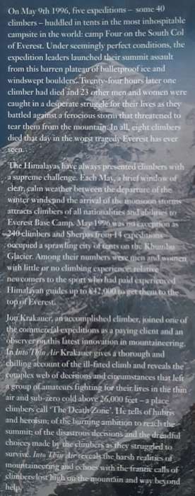 Into Thin Air: A personal account of the Everest disaster  Author: Jon Krakauer