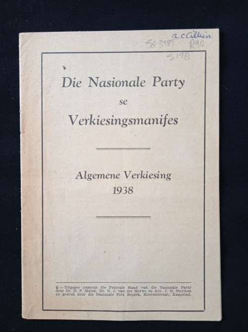 Die Nasionale Party se Verkiesingsmanifes Algemene Verkiesing 1938