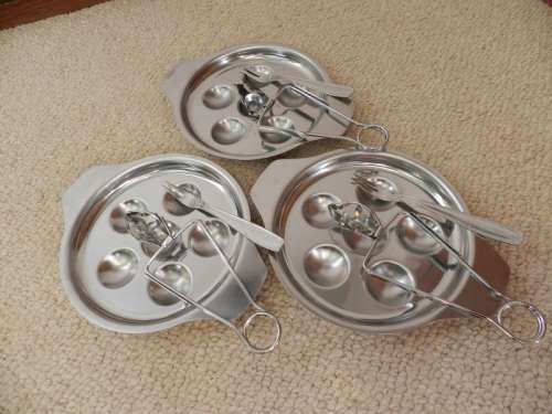 Vintage Stainless Steel Set of 3x round Escargot/Snail/Mushroom dishes with snail tongs and two pron