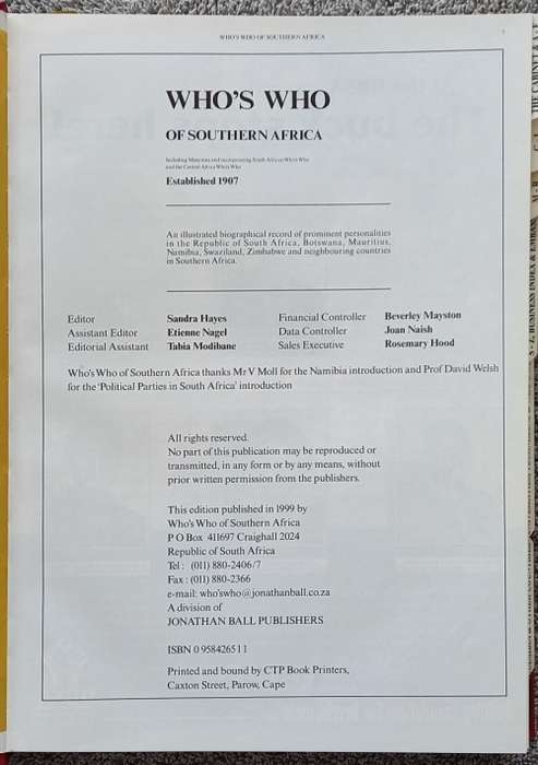 Whos Who of Southern Africa 2000. The Millennium Edition. Published by Jonathan Ball