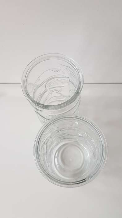 Glass Flower vases. Set of 2x Dinner Table vases. Cylindrical thick glass vase with pressed design