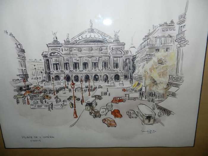 Vintage Picture: Wooden frame with ink and watercolour drawing of Place de LÓpera Paris by T. Geeven