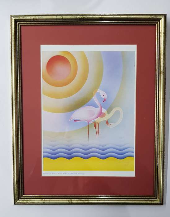 Wooden Frame behind Glass: Gilded with Maroon passepartout (mount card around picture).