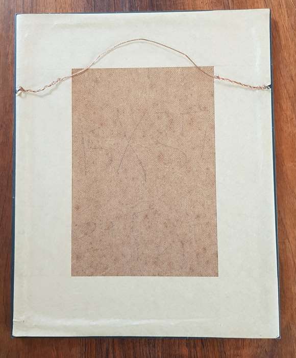 Wooden Frame behind Glass: Gilded with Maroon passepartout (mount card around picture).