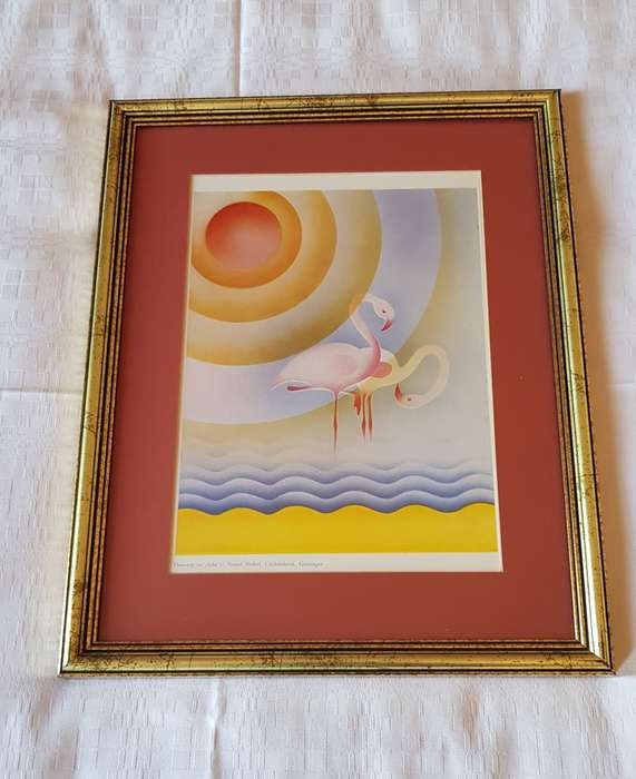 Wooden Frame behind Glass: Gilded with Maroon passepartout (mount card around picture).