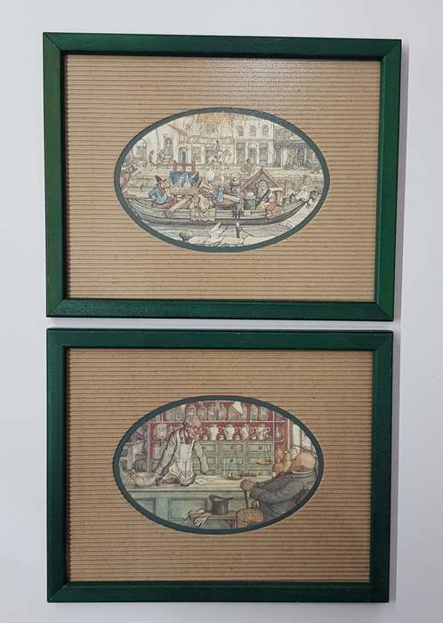Wooden picture frames Painted green: Set of 2x frames with glass. Dutch sketch artist prints