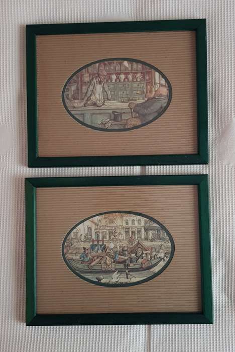 Wooden picture frames Painted green: Set of 2x frames with glass. Dutch sketch artist prints