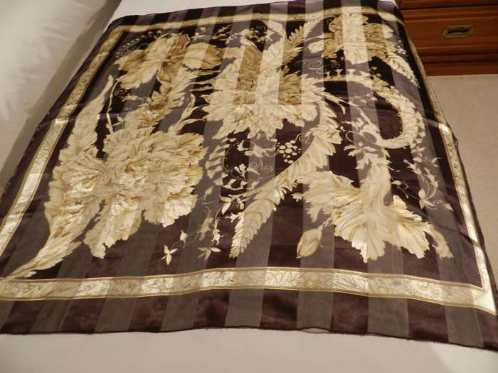 Vintage collectable Ladies scarf.  Classic silk finish square scarf in Brown and Gold.