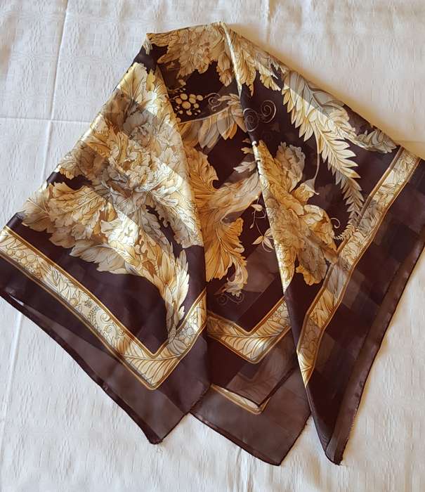 Vintage collectable Ladies scarf.  Classic silk finish square scarf in Brown and Gold.