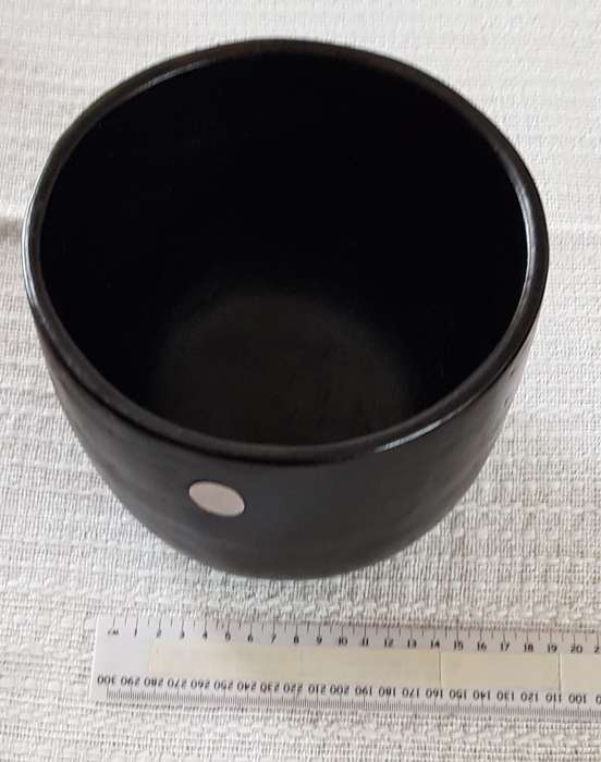 African Craft:  Matt Black earthenware Bowl/Pot with silver roundel inlay.