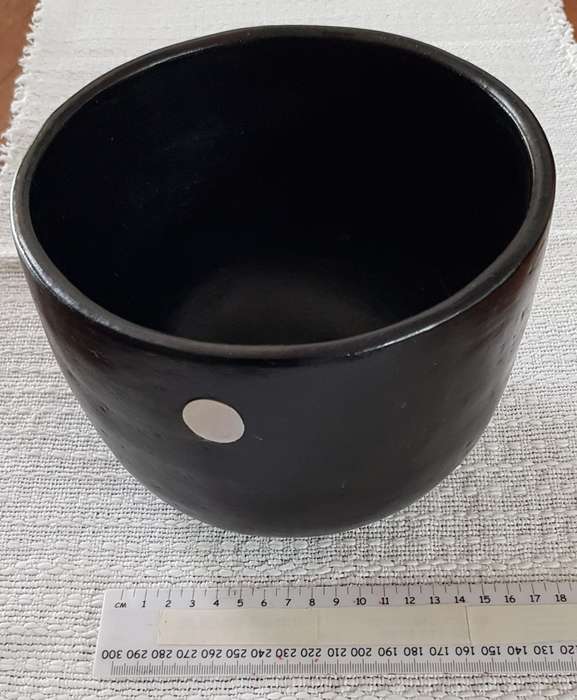 African Craft:  Matt Black earthenware Bowl/Pot with silver roundel inlay.