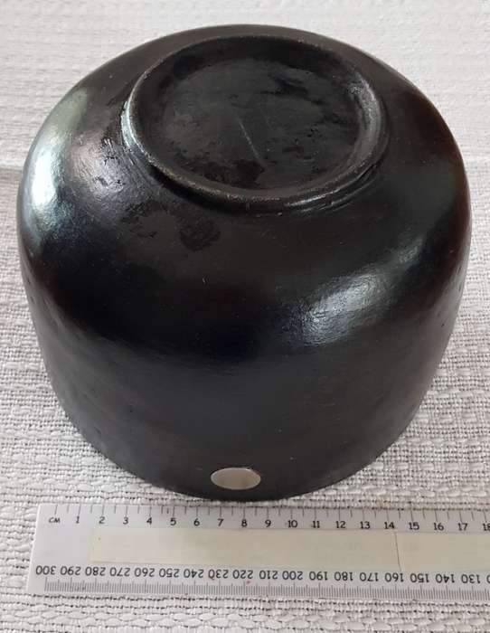 African Craft:  Matt Black earthenware Bowl/Pot with silver roundel inlay.