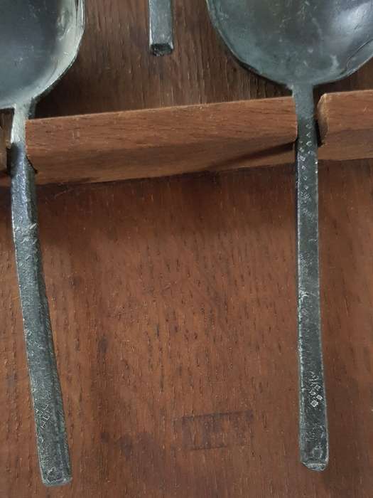 Antique Dutch Pewter spoons 18/19th Century. Wooden spoon rest of Oak with 3x hanging spoons
