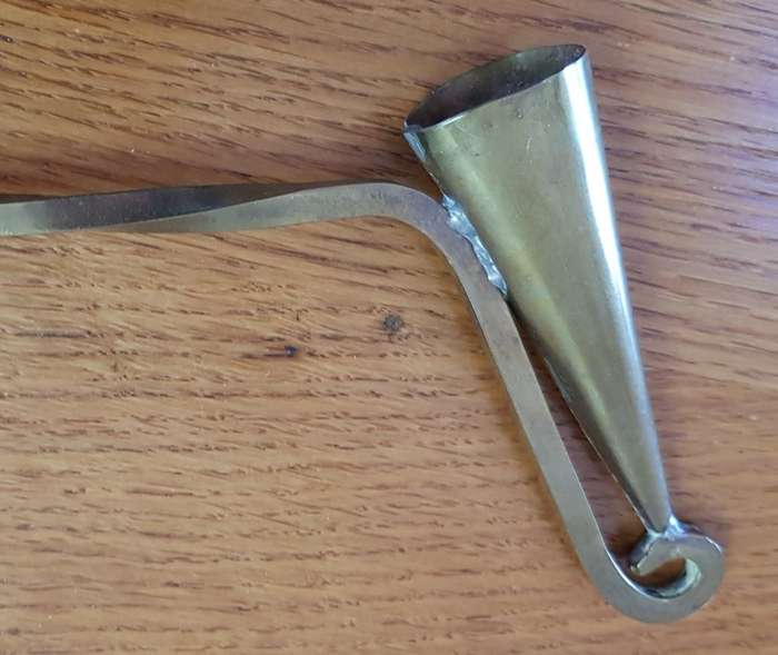 Antique Brass Ornament:  Dutch Brass handmade Candle Snuffer with twisted handle detail.