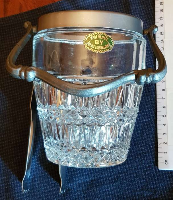 Ice bucket pressed Glass with Pewter like silver handle and rim.  Made in Italy by Decor Cristalleri