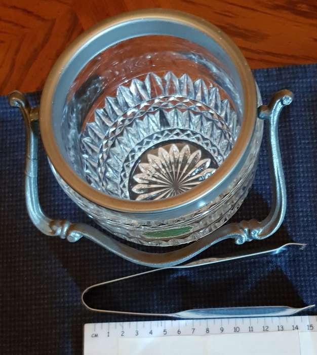 Ice bucket pressed Glass with Pewter like silver handle and rim.  Made in Italy by Decor Cristalleri