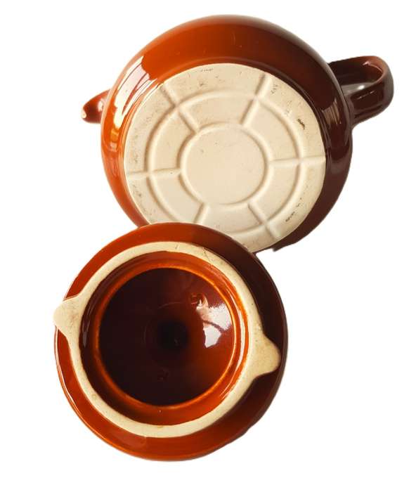 Vintage earthenware Coffee Pot with small cup and saucer. 1970s German made vintage Melitta