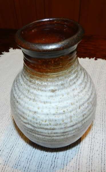 Vintage Brown Pottery Vase. Brown/white glaze design made in Germany. Retro 1970s.