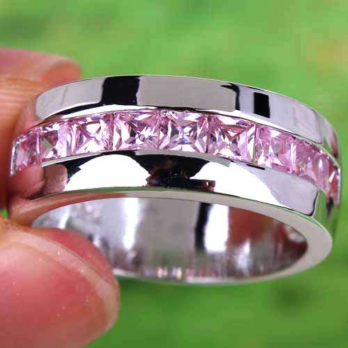 WEDDING OR ETERNITY BAND PINK TOPAZ CZ RING IN SILVER