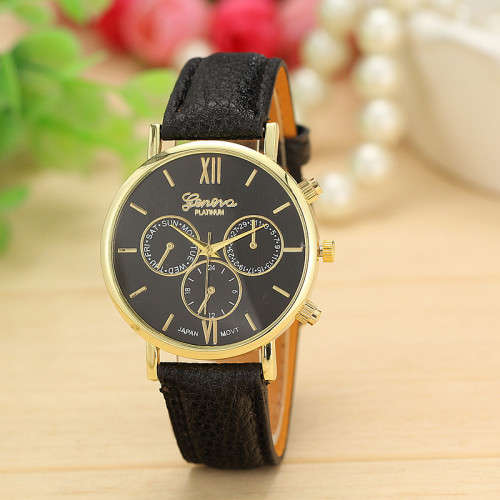 WOMAN GENEVA BLACK FACED ANALOG QUARTZ WRIST WATCH WITH BLACK PU LEATHER STRAP