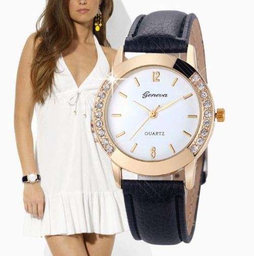HOT!!! GENEVA WOMEN'S CRYSTAL ANALOG  QUARTZ DRESS WATCH WITH BLACK  FAUX LEATHER STRAP