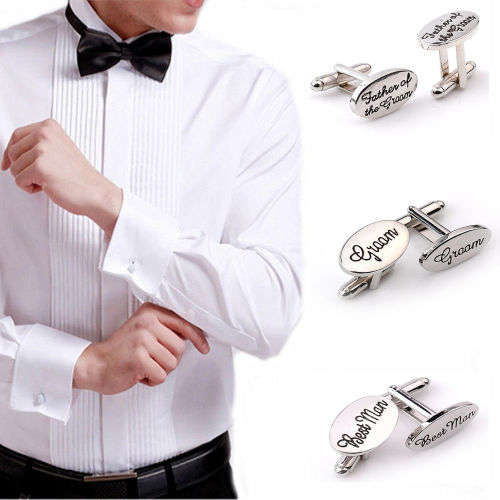 ELEGANT  HIGH QUALITY " GROOM  " CUFFLINKS IN  BLACK SCROLL ENGRAVED SILVER PLATED