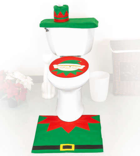 SMILING ELF XMAS CHRISTMAS BATHROOM SET XMAS DECOR - ALSO AVAILABLE IN SANTA DESIGN