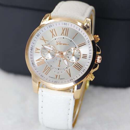 GENEVA PURE WHITE FACE AND STRAP  DIAL YELLOW GOLD CASE WITH ROMAN NUMERALS  LADIES  WATCH