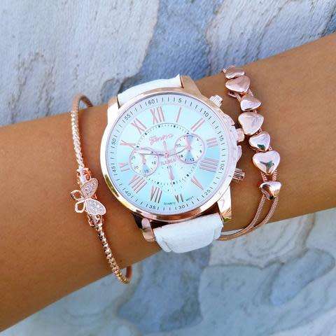 GENEVA PURE WHITE FACE AND STRAP  DIAL YELLOW GOLD CASE WITH ROMAN NUMERALS  LADIES  WATCH
