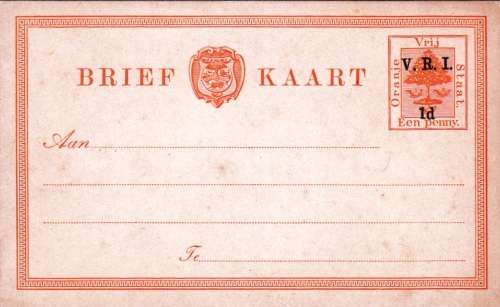 OFS POST CARD "BRIEF KAART" 1900 ONE PENNY UNUSED OVERPRINTED V.R.I. 1d