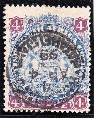 BSAC RHODESIA 1896: DEFINITIVE ISSUE FOUR PENCE: DIE I USED (SACC32) - MATABELELAND PMK
