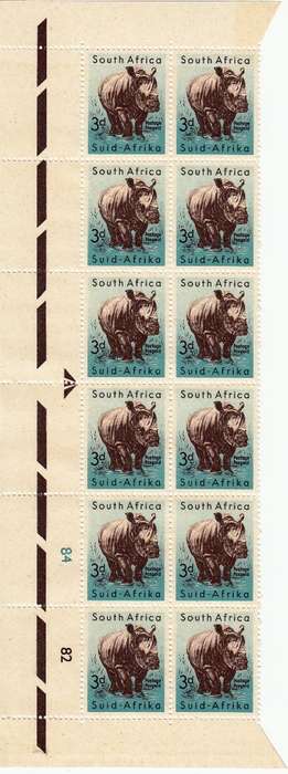 UNION OF SOUTH AFRICA 1959: DEFINITIVE ISSUE 3d CONTOL, ARROW & TL CORNER BLOCKS OF 4 MNH (SACC171)