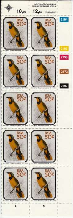 RSA 1990: SOUTH AFRICAN BIRDS 50c CONTROL BLOCK OF 10 MNH (SACC 730)