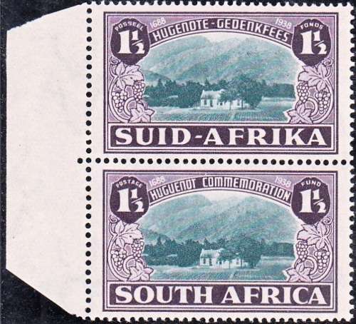UNION OF SOUTH AFRICA 1939: 250th ANNIVERSARY OF HUGUENOT LANDING IN SA 1½ d VERT PAIR MNH (SACC 83)