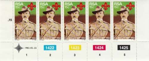 RSA 1982: 75th ANNIVERSARY OF BOY SCOUT MOVEMENT CONTROL STRIP OF 5 MNH (SACC 508)