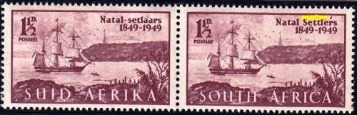 UNION 1949: CENTENARY OF ARRIVAL OF BRITISH SETTLERS IN NATAL MNH (SACC126) - SEE VARIETY BELOW