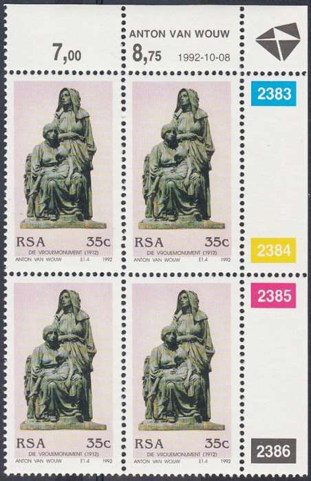 RSA 1992: 130th BIRTH ANNIVERSARY OF ANTON VAN WOUW FULL SET CONTROL BLOCKS OF 4 MNH (SACC 785-788)