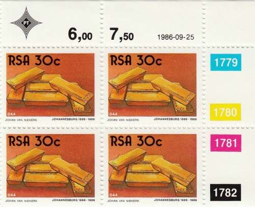 RSA 1986: THE GOLDEN CITY FULL SET CONTROL BLOCKS OF 4 MNH (SACC 612-615)