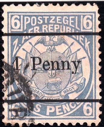 TRANSVAAL 2nd REPUBLIC 1893: ZAR 6d SURCHARGED ''1 PENNY" IN BLACK USED (SACC202a) - 13½ SPACING
