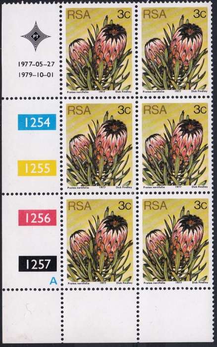 RSA 1977 3rd DEFINITIVE ISSUE 3c CONTROL BLOCKS OF 6 PANES A + B (1-10-1979) MNH (SACC 420)