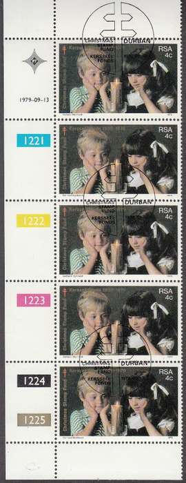 RSA 1979: 50th ANNIVERSARY OF THE S.A. CHRISTMAS FUND 4c CONTROL STRIP OF 5 CTO (SACC 468)