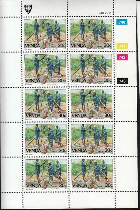 VENDA 1988: COFFEE INDUSTRY FULL SET OF SHEETS OF 10 MNH (SACC 168-171)