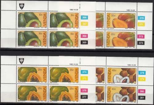 VENDA 1983: SUBTROPICAL FRUIT FULL SET CONTROL BLOCKS OF 4 MNH (SACC 83-86)