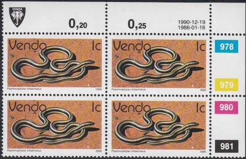 VENDA 1990: 2nd DEFINITIVE ISSUE: REPTILES 1c CONTROL BLOCK OF 4 (1990) MNH (SACC 121)