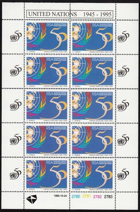 RSA  1995: 50th ANNIVERSARY OF UNITED NATIONS FULL SHEET OF 10 MNH (SACC 922)