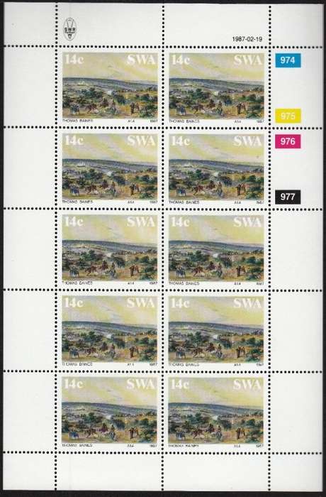 SWA 1987: PAINTINGS BY THOMAS BAINES SET OF FULL SHEETS OF 10 MNH (SACC 485-488)