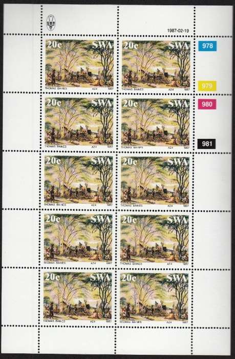 SWA 1987: PAINTINGS BY THOMAS BAINES SET OF FULL SHEETS OF 10 MNH (SACC 485-488)