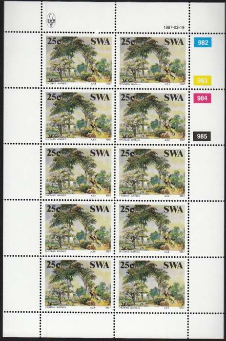 SWA 1987: PAINTINGS BY THOMAS BAINES SET OF FULL SHEETS OF 10 MNH (SACC 485-488)