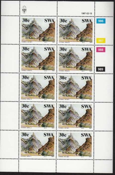 SWA 1987: PAINTINGS BY THOMAS BAINES SET OF FULL SHEETS OF 10 MNH (SACC 485-488)